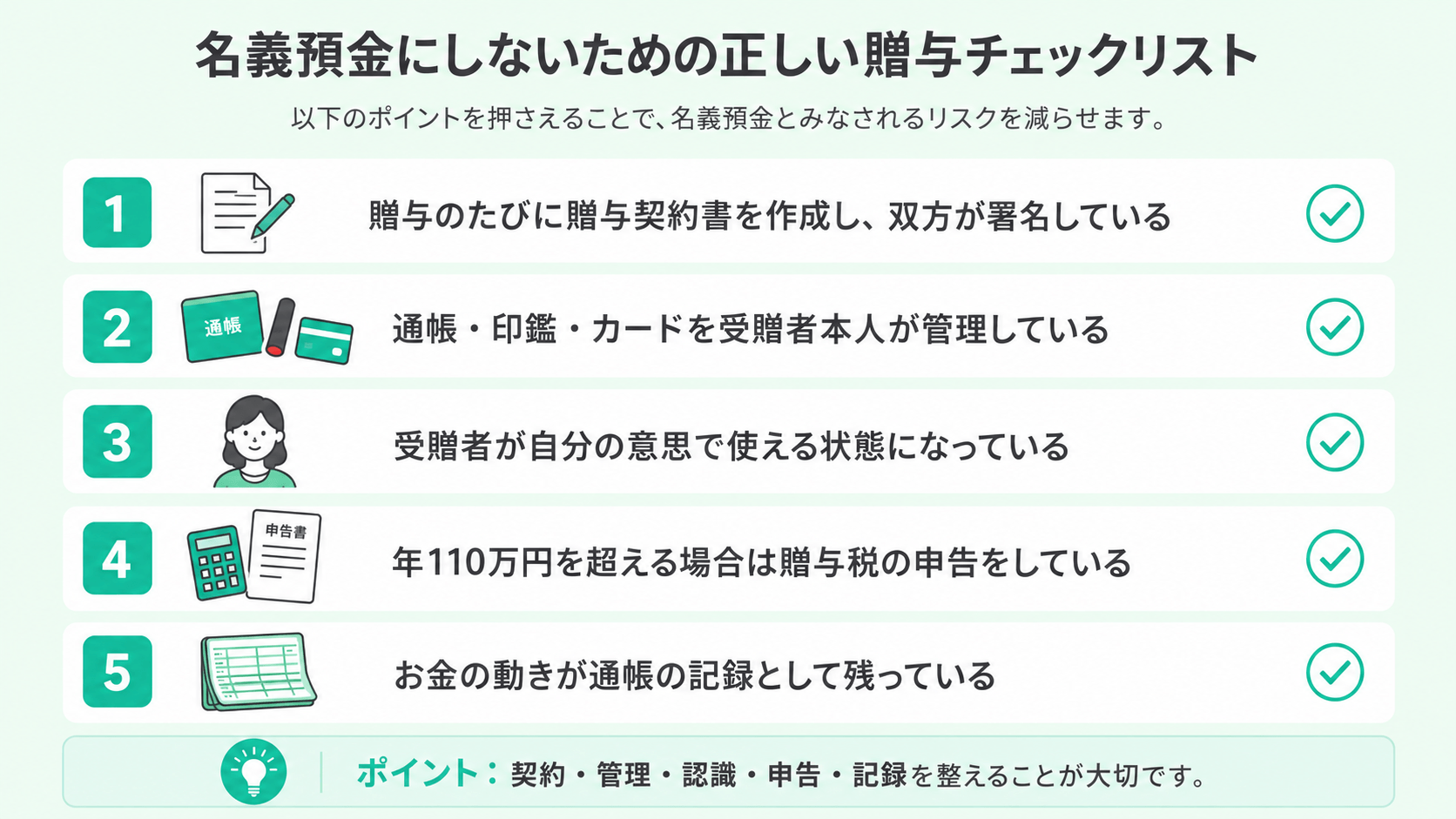 名義預金にしないための正しい贈与のチェックリスト